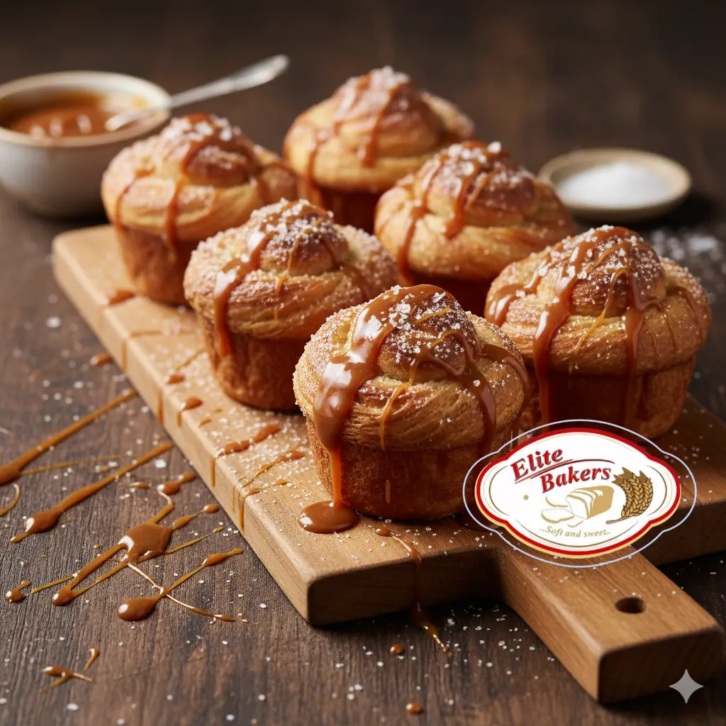 Salted Caramel Cruffin Flight - Slow-proofed layers, burnt sugar caramel, cacao nib dust. | Elite Bakers Mbarara
